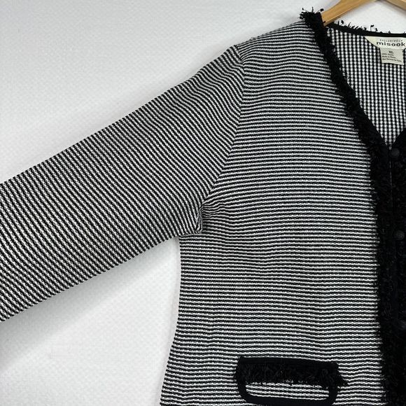 Exclusively Misook Fringe Trim Cardigan Jacket Black White‎ Knit Career Classic - Picture 4 of 11